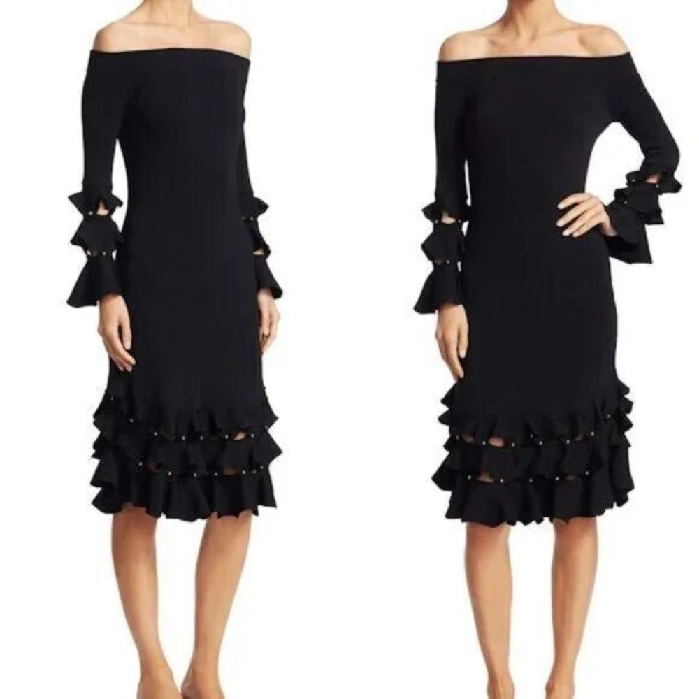 Jonathan Simkhai Knit Midi Dress Off Shoulder Ruffle Beaded Size XS NWT
